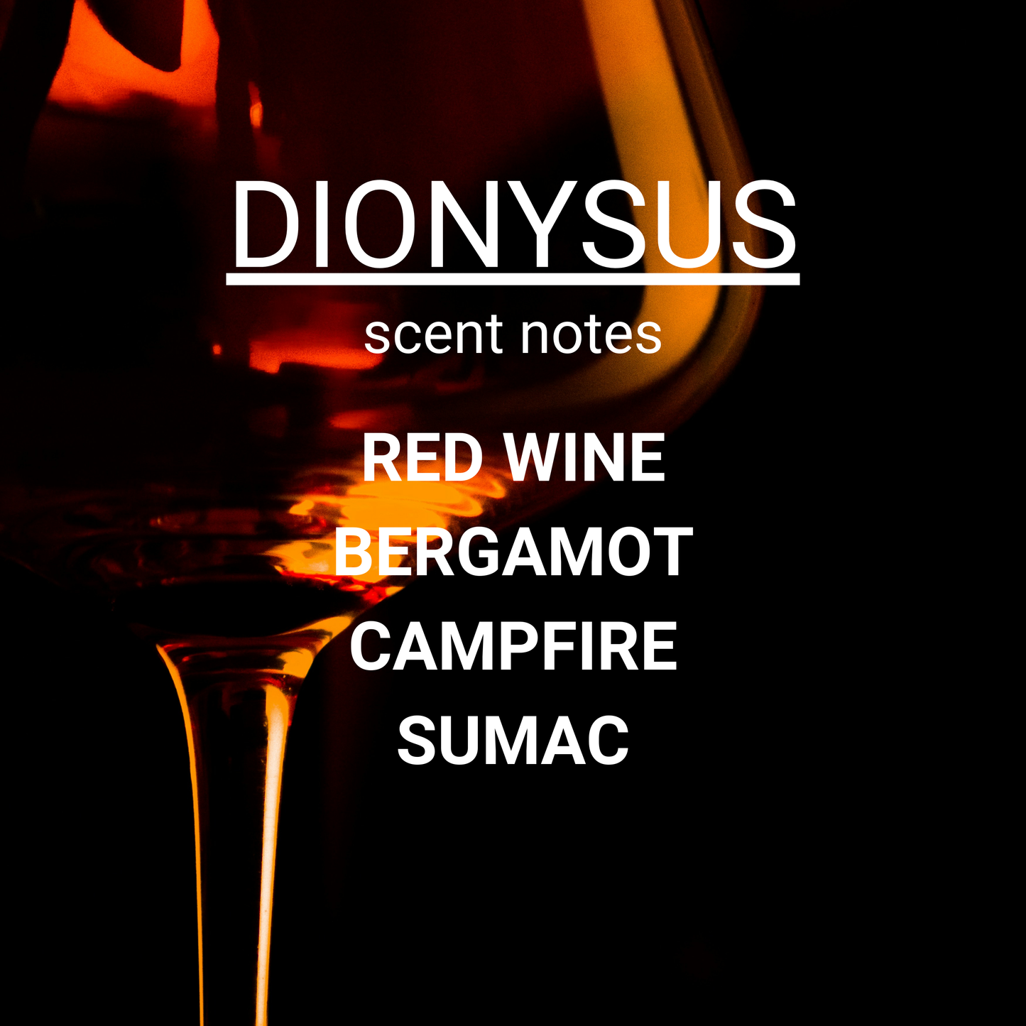 Wine glass with scent notes text overlay on a black background
