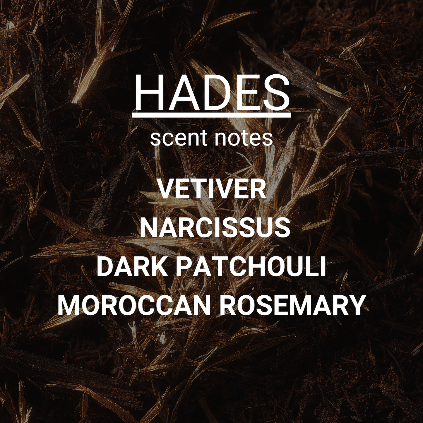 Text displaying scent notes on a dark background with grass-like elements