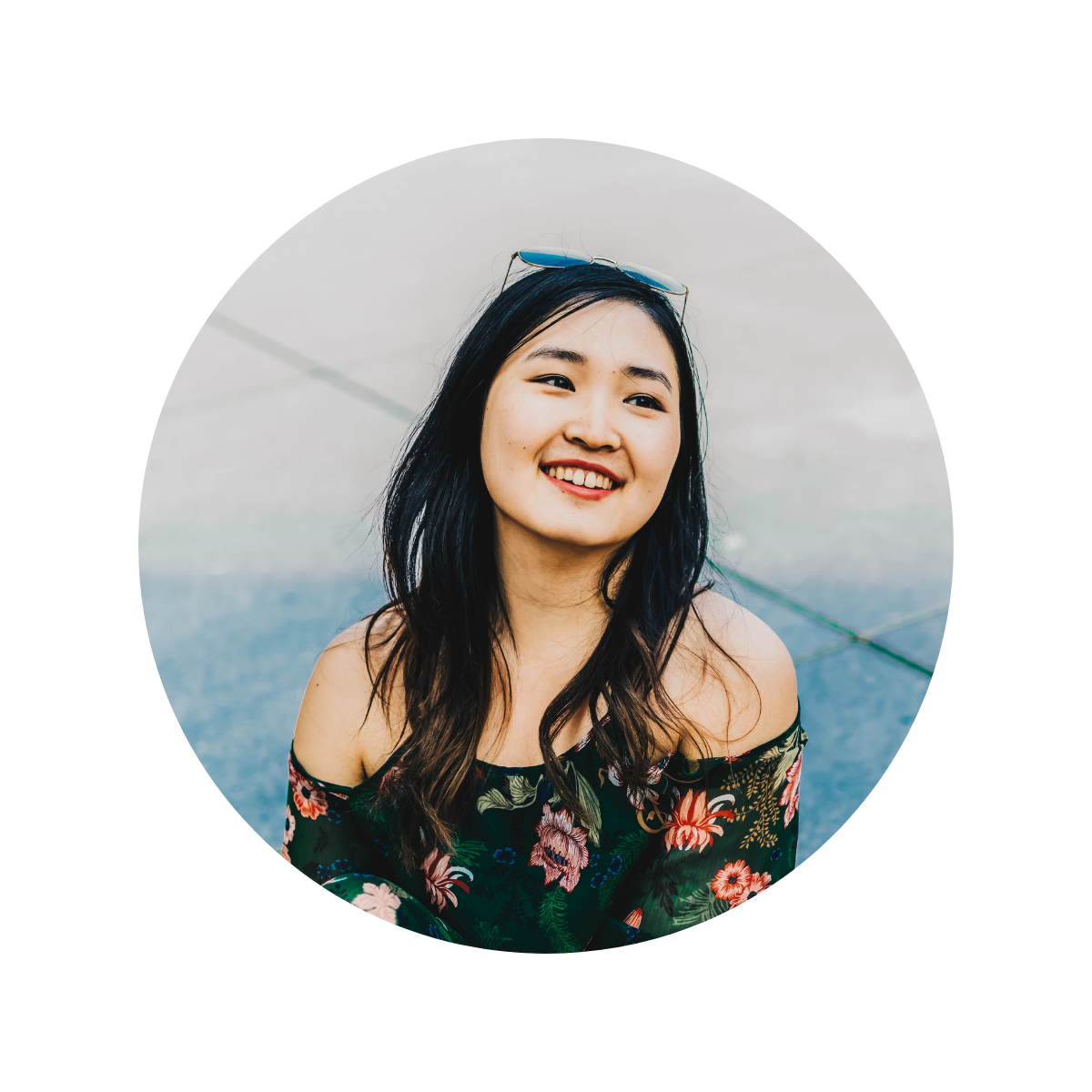 Circular portrait of an asian woman with a blurred background