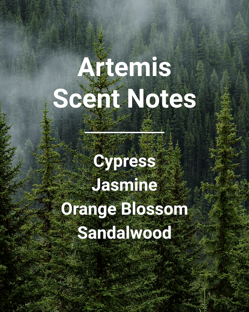 Artemis scent notes list: Cypress, Jasmine, Orange Blossom, Sandalwood over a misty pine forest background.