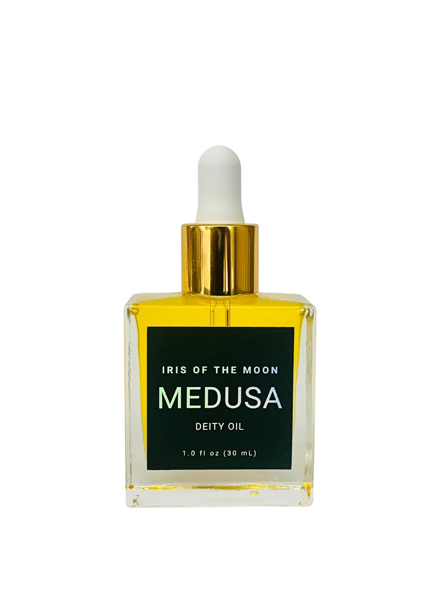 Bottle of Iris of the Moon Medusa Deity Oil with dropper on a white background