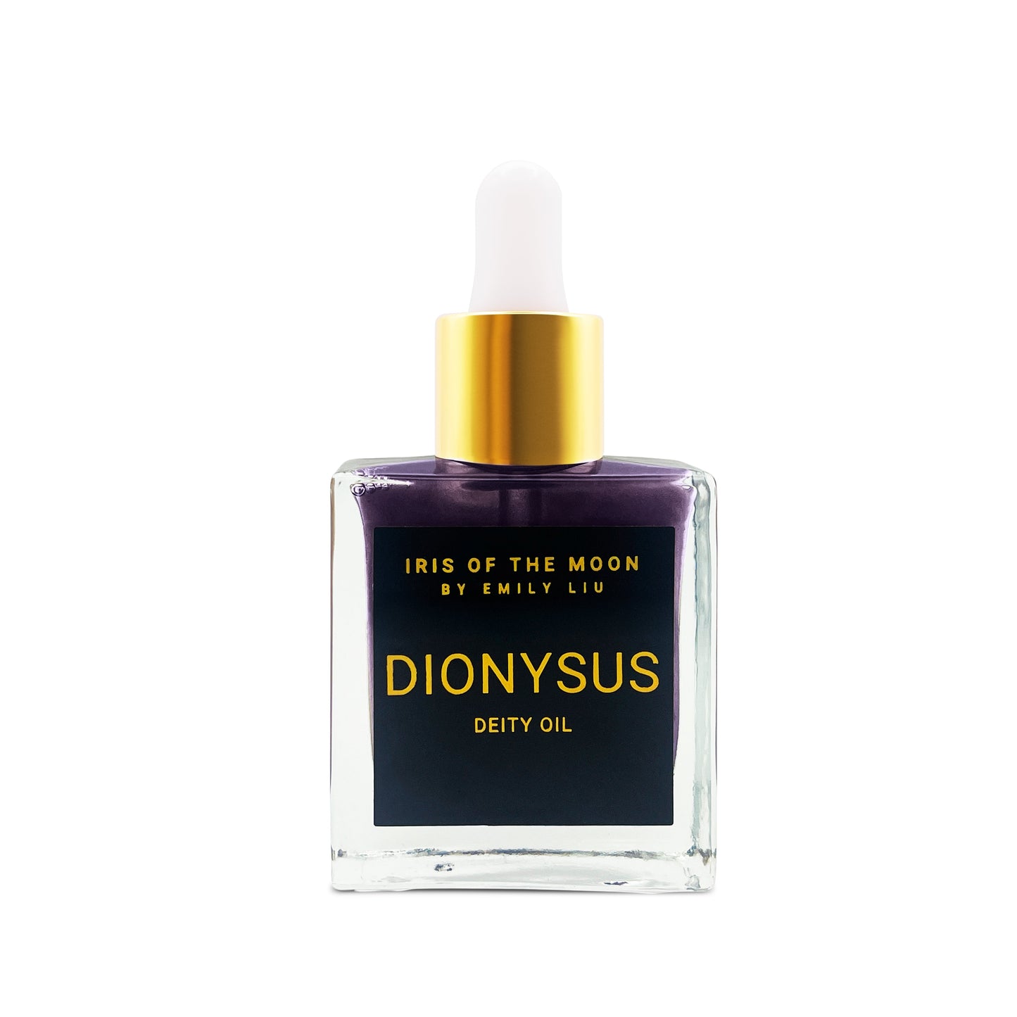 Dionysus deity oil bottle with gold cap on a white background