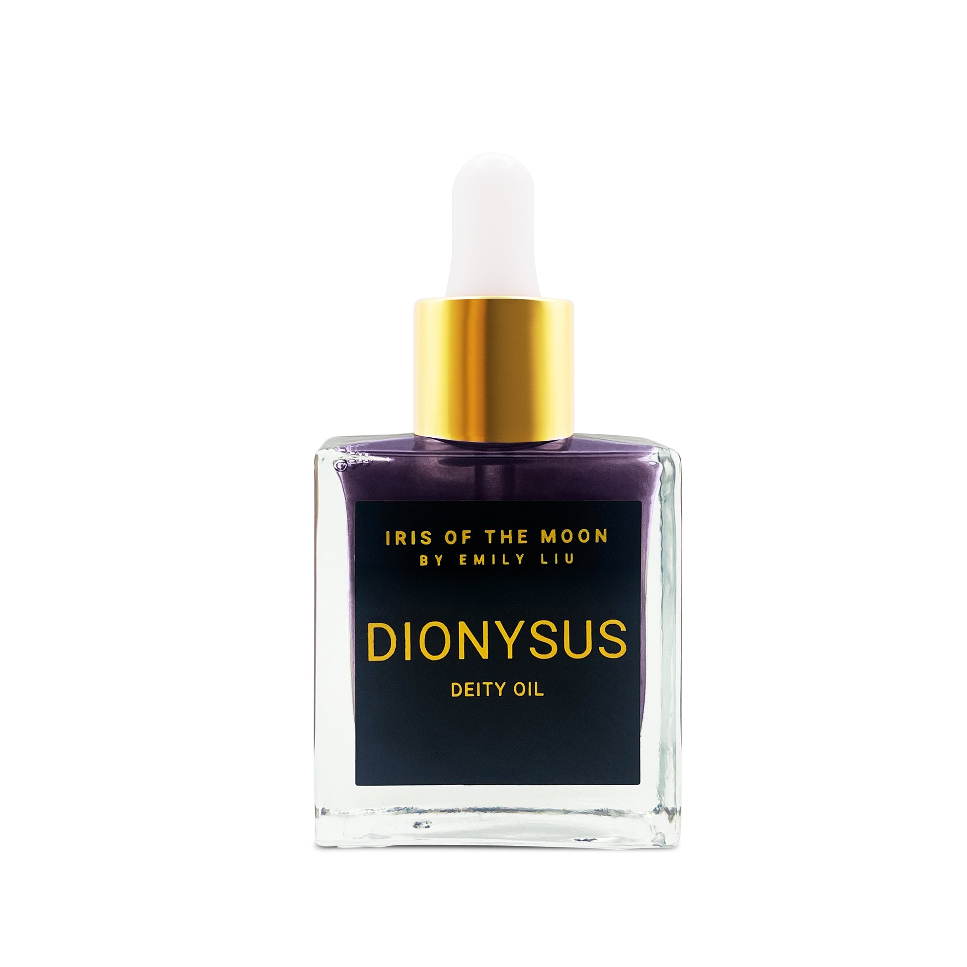 Dionysus deity oil bottle with gold cap on a white background