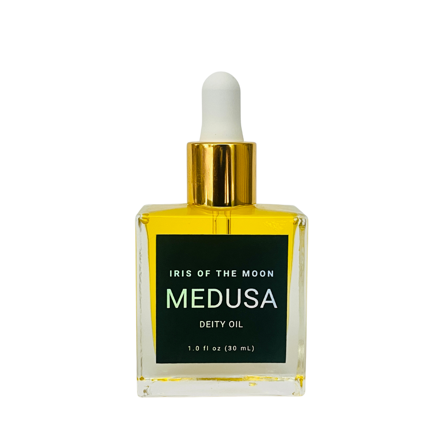 Bottle of 'Medusa' deity oil with gold cap on a white background
