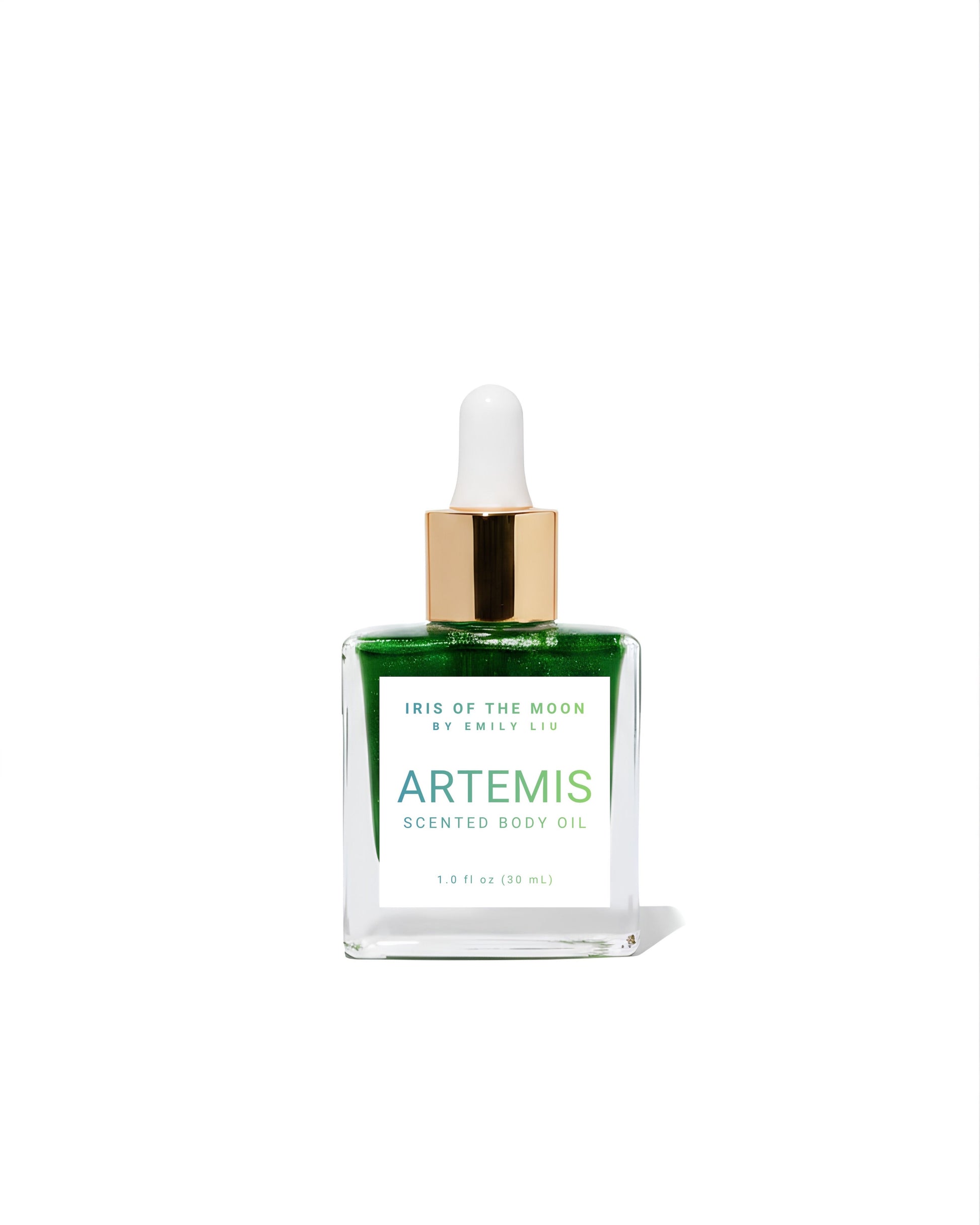 A clear glass dropper bottle of Artemis Scented Body Oil by Iris of the Moon. The bottle is filled with green liquid and features a white label with green and blue text, topped with a gold collar and white dropper cap, set against a plain white background.