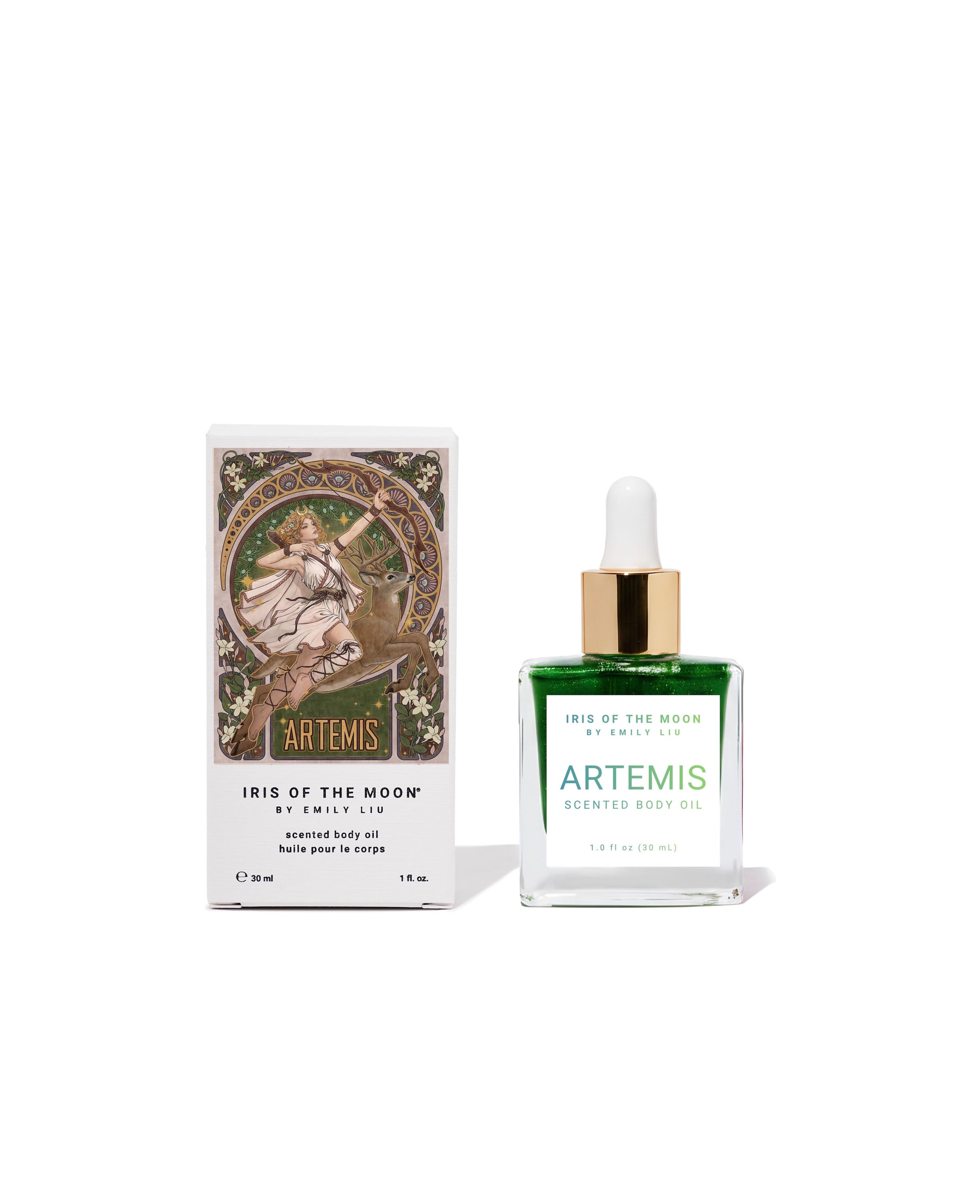 Artemis Iris of the Moon unscented body oil shown next to its illustrated packaging box on a clean white background.