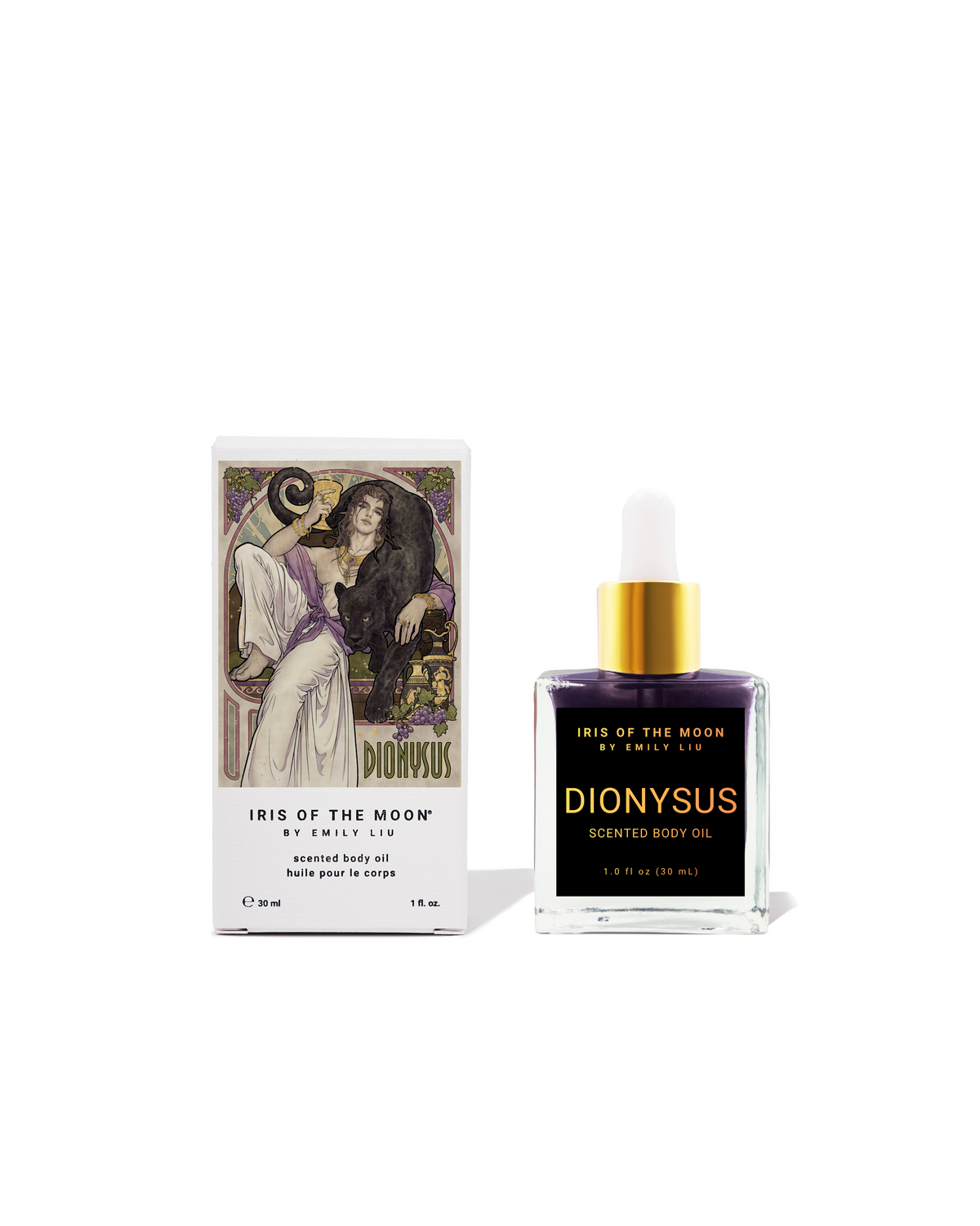 Dionysus Scented Body Oil by Iris of the Moon, showing the clear glass bottle with a gold cap and dark liquid alongside its illustrated white packaging box.