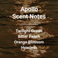 Apollo scent notes list: Twilight Ocean, Bitter Peach, Orange Blossom, Hyacinth over shimmering golden water.