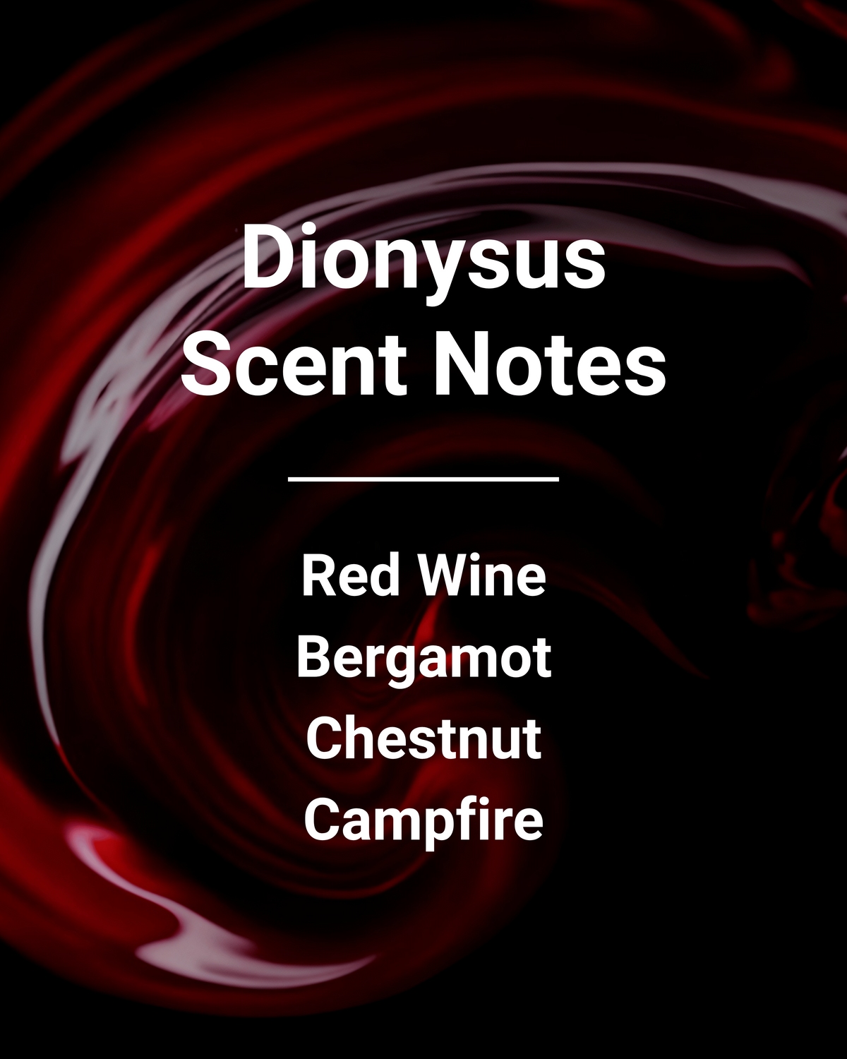 A digital cover graphic for 'Dionysus Scent Notes' featuring white text listing scent notes: Red Wine, Bergamot, Chestnut, and Campfire, set against a dark, glossy red and black liquid swirl background.