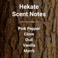 Hekate scent notes list: Pink Pepper, Clove, Oud, Vanilla, Myrrh over a rustic, textured tree bark background.