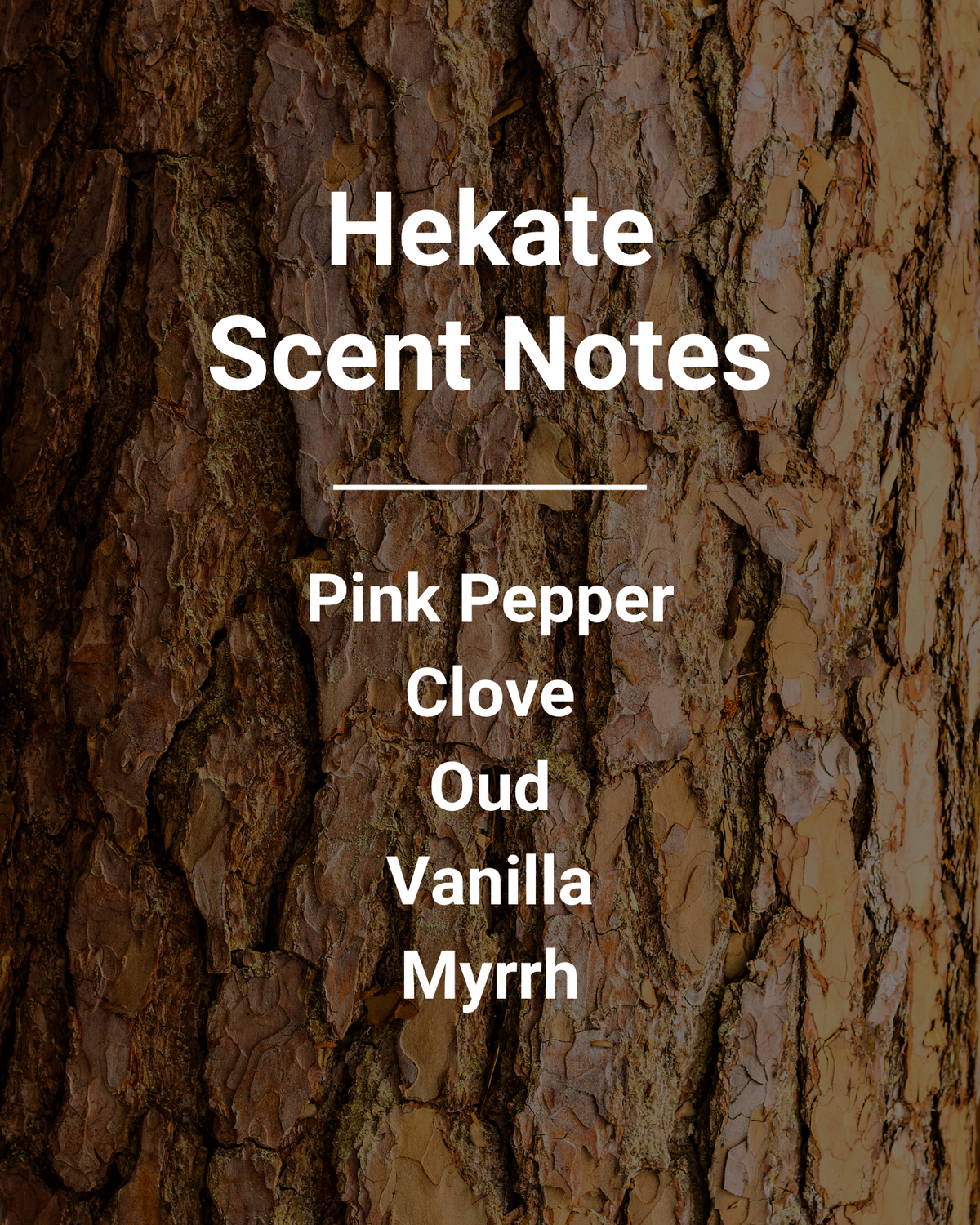 Hekate scent notes list: Pink Pepper, Clove, Oud, Vanilla, Myrrh over a rustic, textured tree bark background.