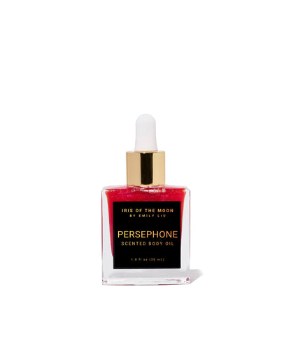 Persephone scented body oil bottle with dropper on a white background