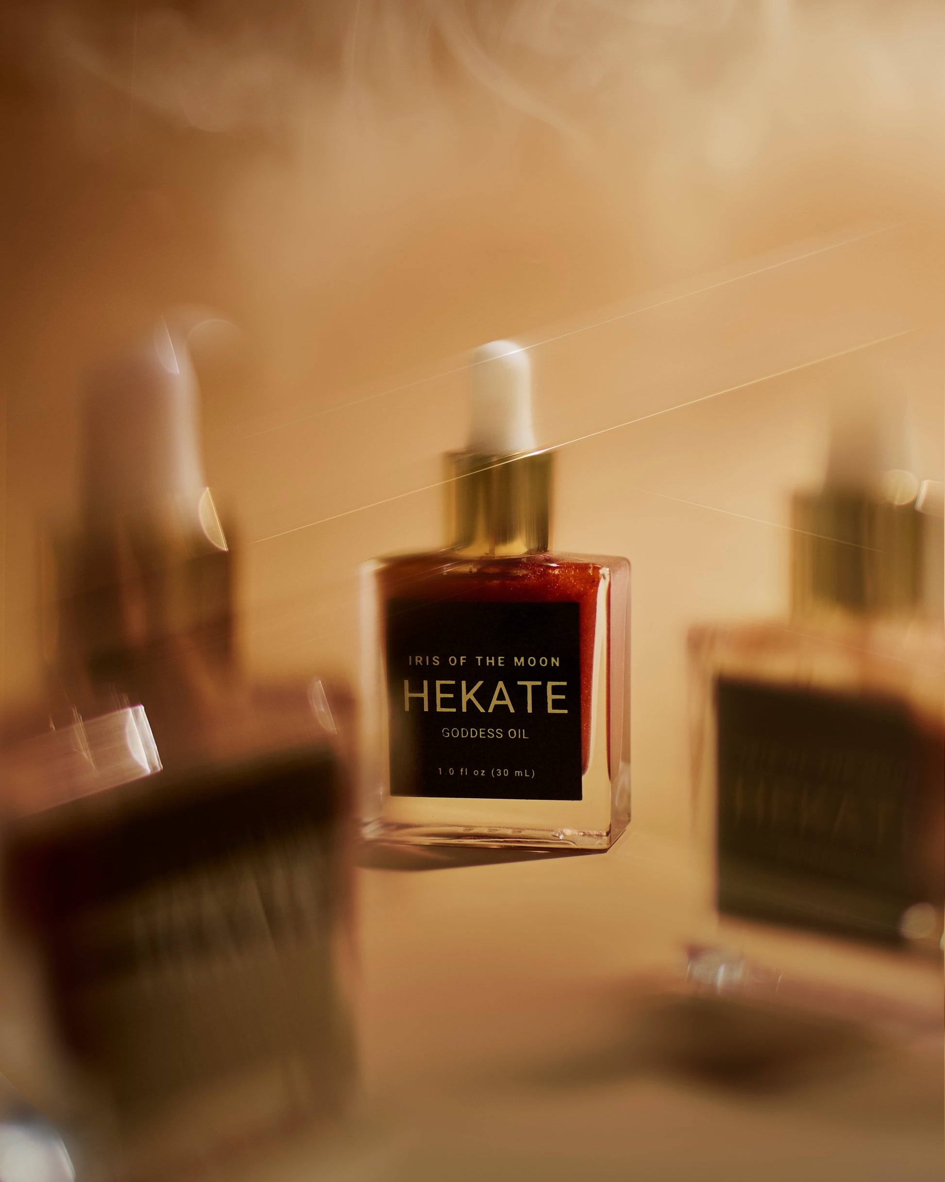 Hekate perfume bottle with smoke effect on a blurred background