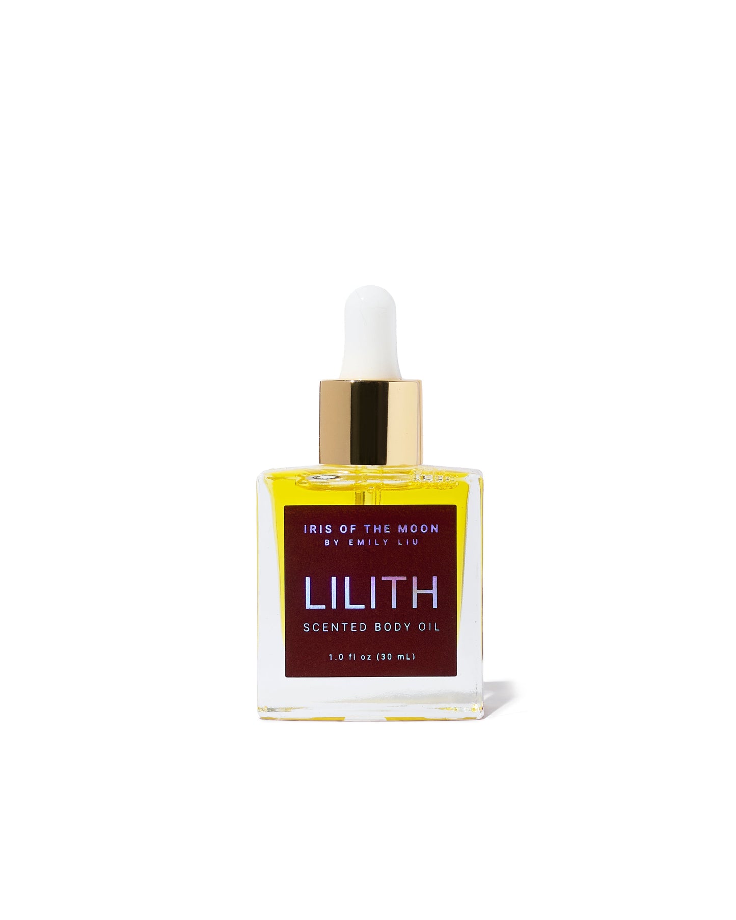Lilith scented body oil bottle with dropper on a white background